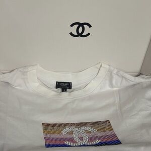 CHANEL White Tee with Multicolor Embellished Logo